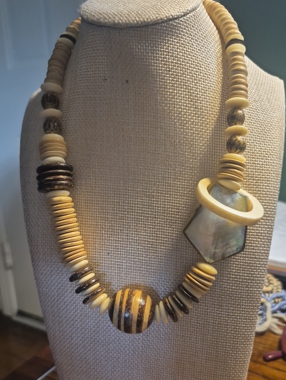 Vintage Chunky Cream and Brown Bone, Wood, Mother of Pearl Statement Necklace